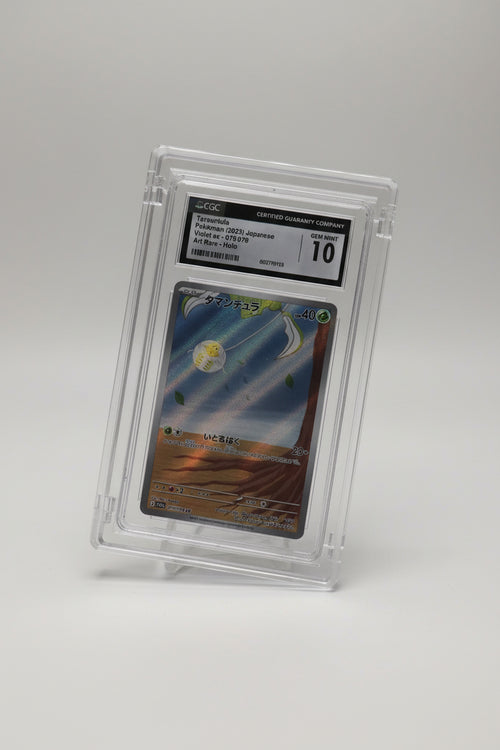 Tarountula and Fang-ex graded cards in Podium acrylic display cases on the founder's kitchen counter